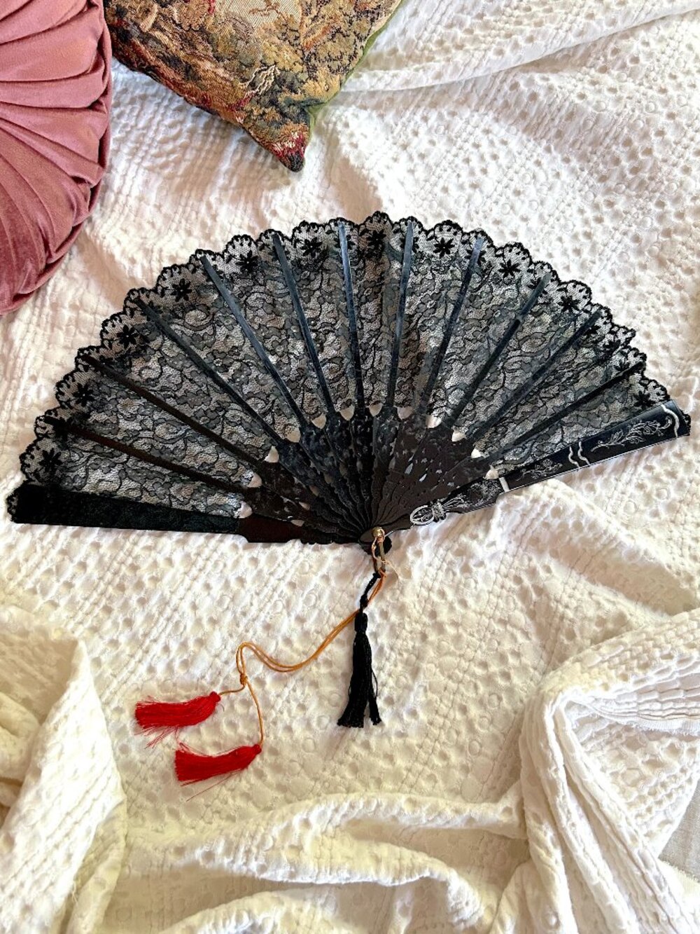 Vintage Italian Folding Hand Fan, Victorian Rococo Style, Black Silver Accents